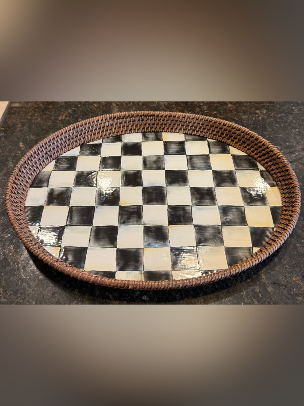 MacKenzie-Childs Black and White Courtly Check Wicker-Edged Serving Tray